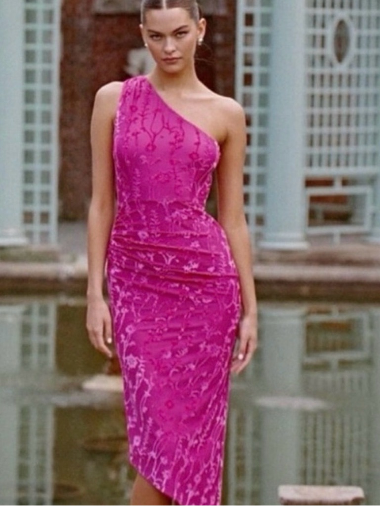 Anthropologie Hutch Monty One Shoulder Pink Velvet Burnout Midi Dress - Medium